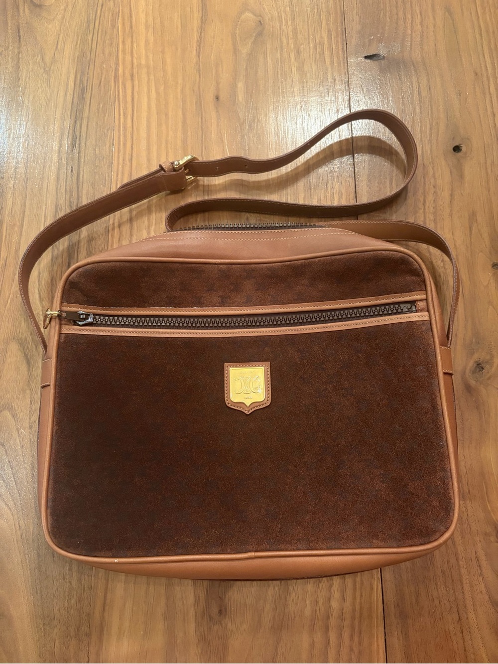 Celine Brown Suede and Leather Bag with Front Zip Pocket